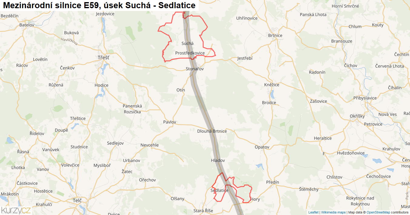 Úsek Suchá - Sedlatice, Silnice E59 - Mapa