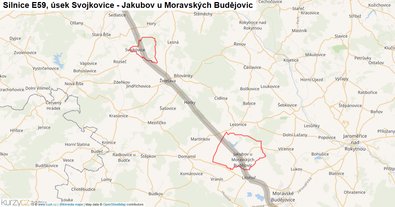 Úsek Svojkovice - Jakubov u Moravských Budějovic, Silnice E59 - Mapa