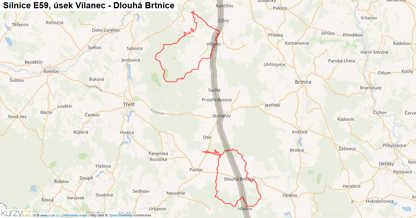 Úsek Vílanec - Dlouhá Brtnice, Silnice E59 - Mapa