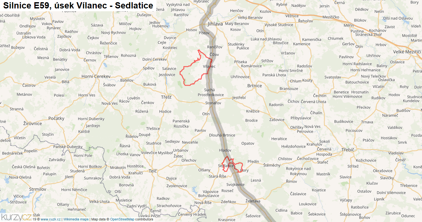 Úsek Vílanec - Sedlatice, Silnice E59 - Mapa