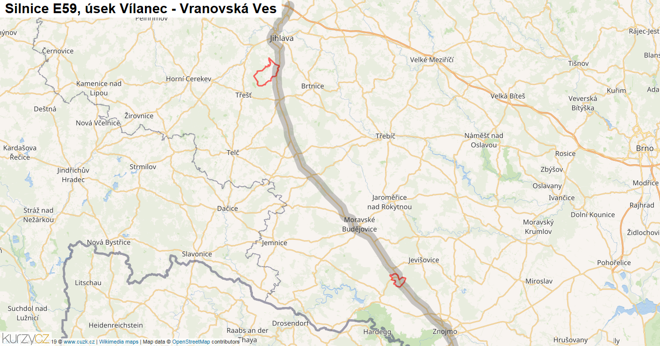 Úsek Vílanec - Vranovská Ves, Silnice E59 - Mapa