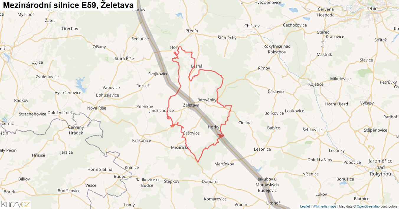 Želetava, Silnice E59 - Mapa
