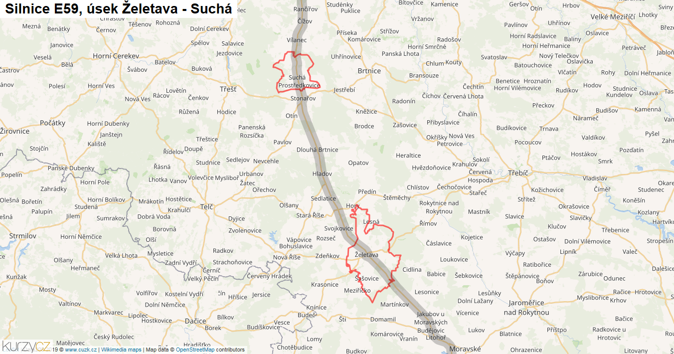 Úsek Želetava - Suchá, Silnice E59 - Mapa