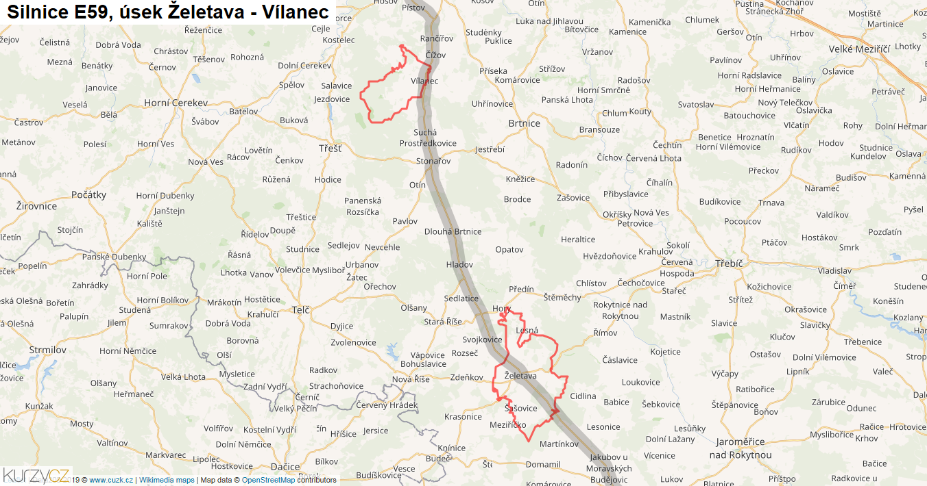 Úsek Želetava - Vílanec, Silnice E59 - Mapa