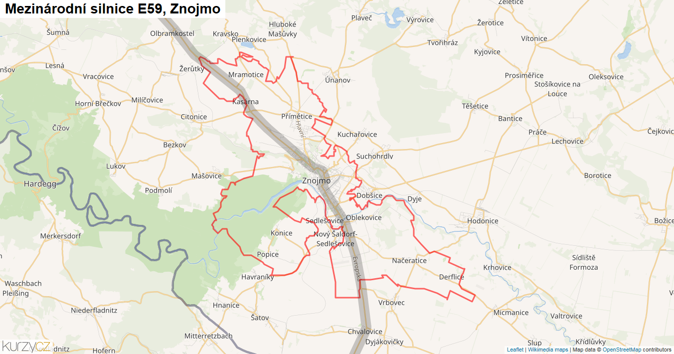 Znojmo, Silnice E59 - Mapa