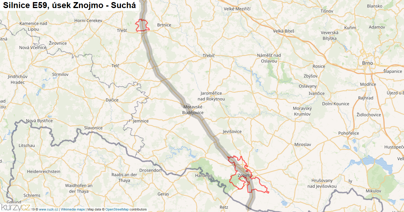 Úsek Znojmo - Suchá, Silnice E59 - Mapa