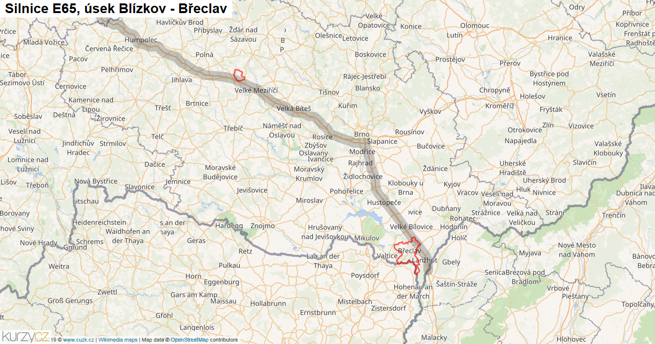 Úsek Blízkov - Břeclav, Silnice E65 - Mapa