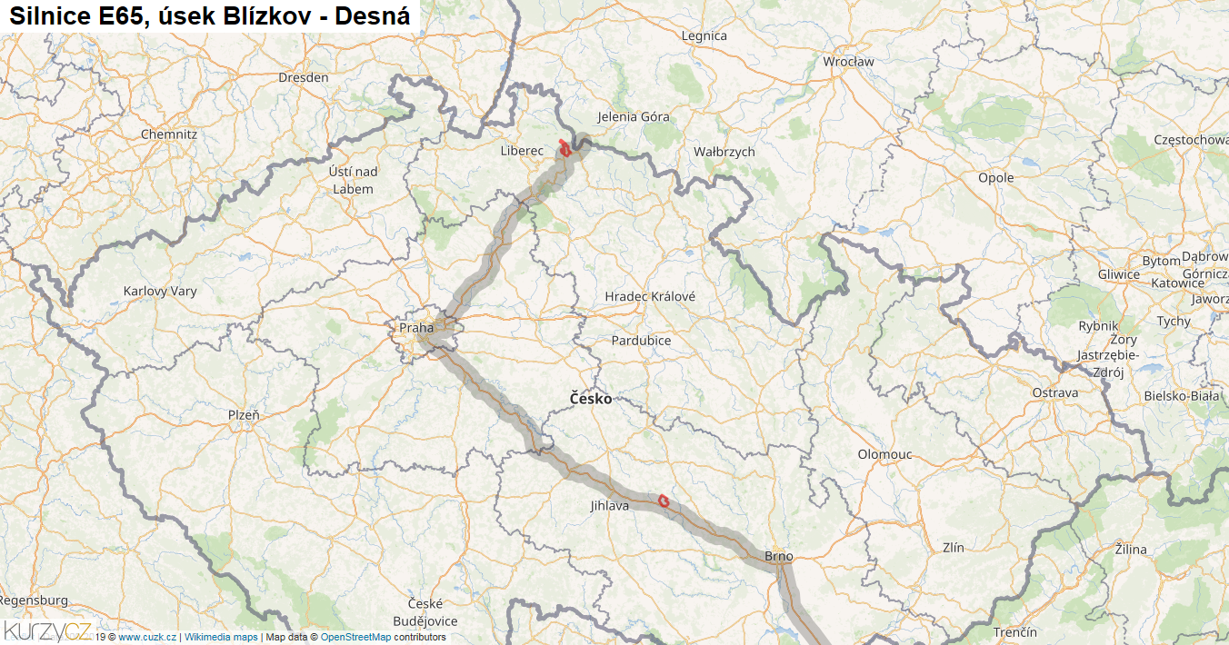 Úsek Blízkov - Desná, Silnice E65 - Mapa