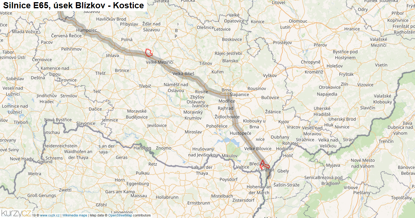 Úsek Blízkov - Kostice, Silnice E65 - Mapa