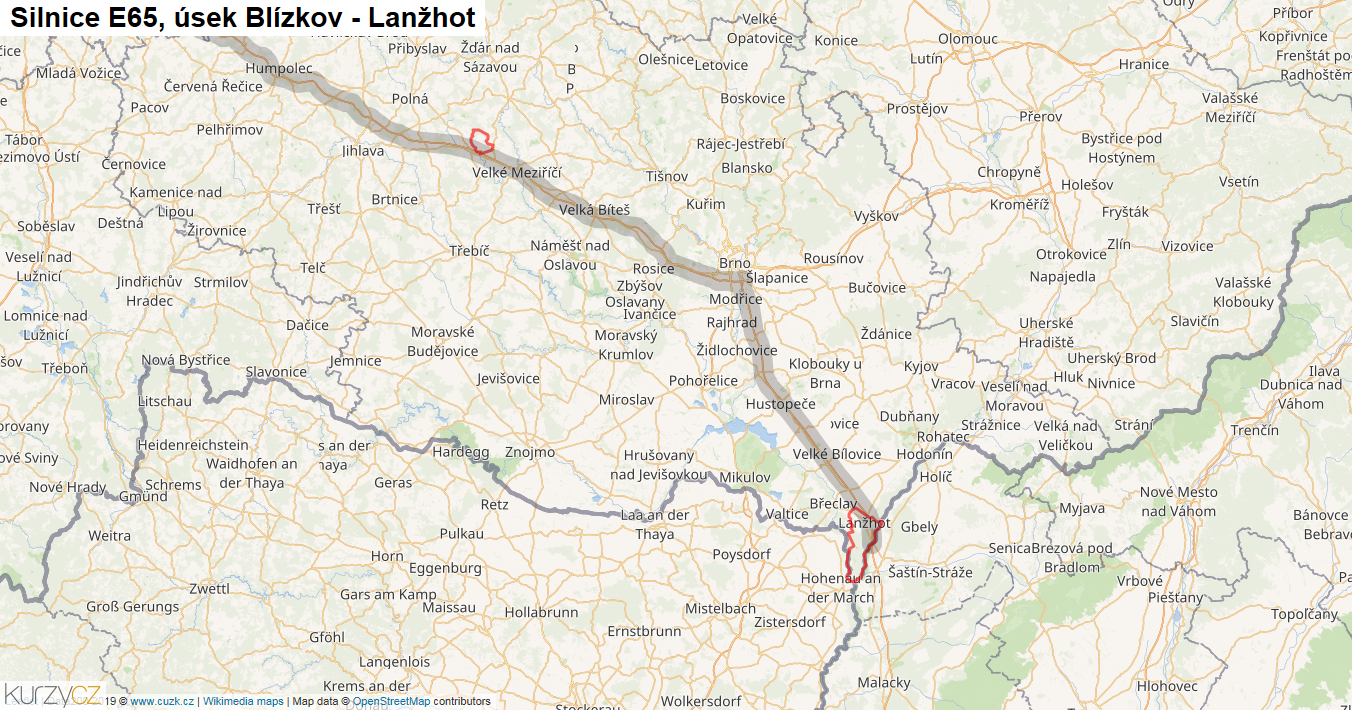 Úsek Blízkov - Lanžhot, Silnice E65 - Mapa