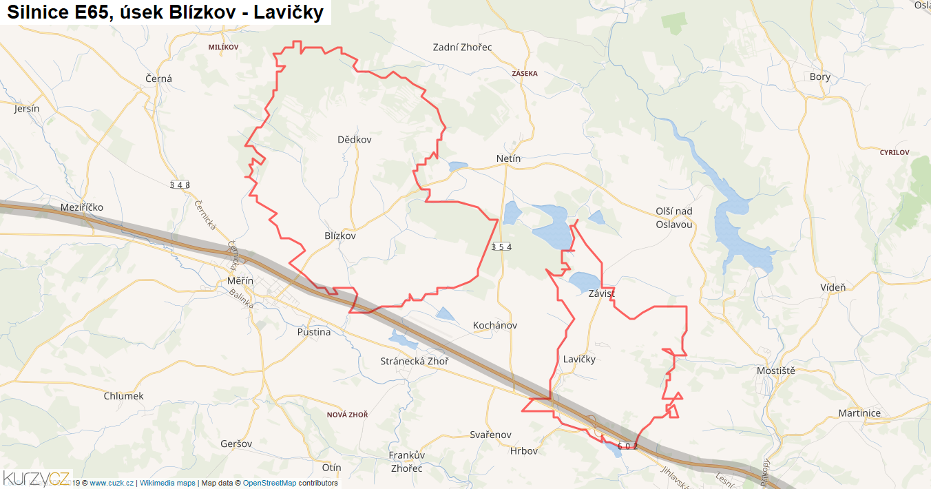 Úsek Blízkov - Lavičky, Silnice E65 - Mapa