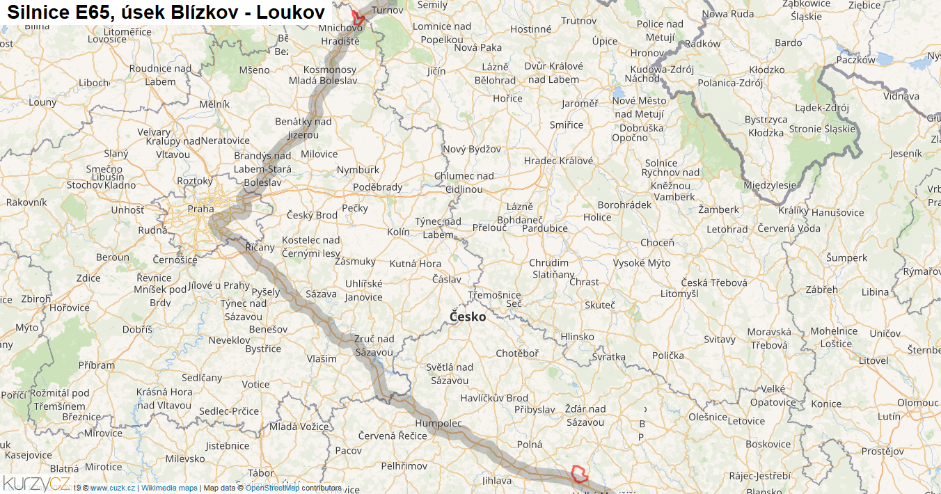 Úsek Blízkov - Loukov, Silnice E65 - Mapa
