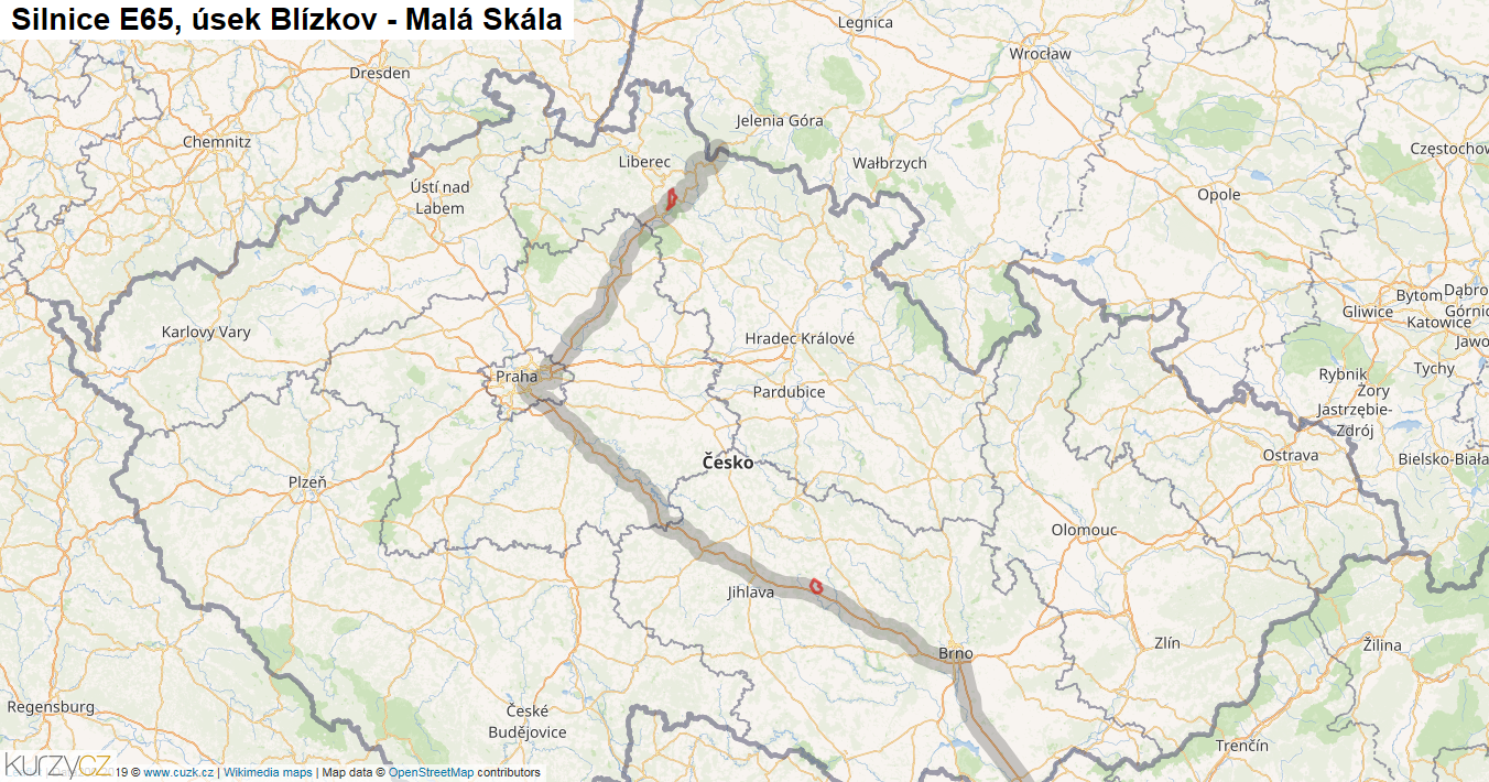 Úsek Blízkov - Malá Skála, Silnice E65 - Mapa