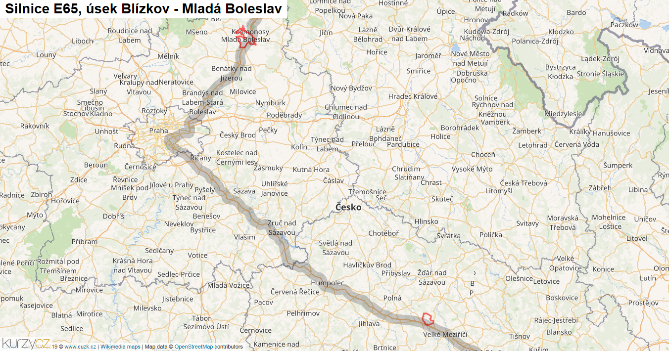 Úsek Blízkov - Mladá Boleslav, Silnice E65 - Mapa