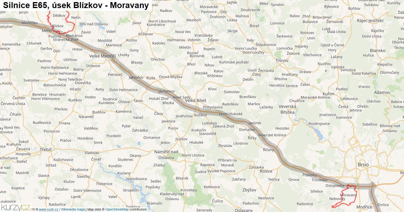 Úsek Blízkov - Moravany, Silnice E65 - Mapa