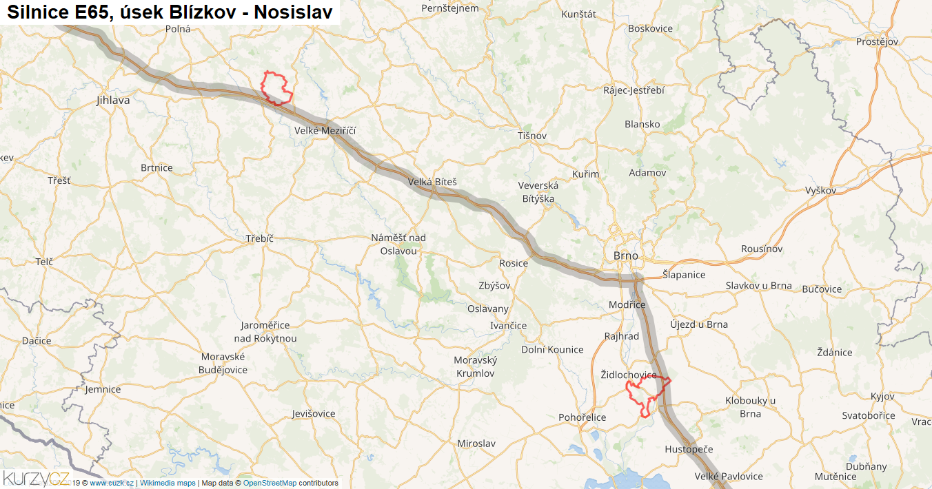 Úsek Blízkov - Nosislav, Silnice E65 - Mapa