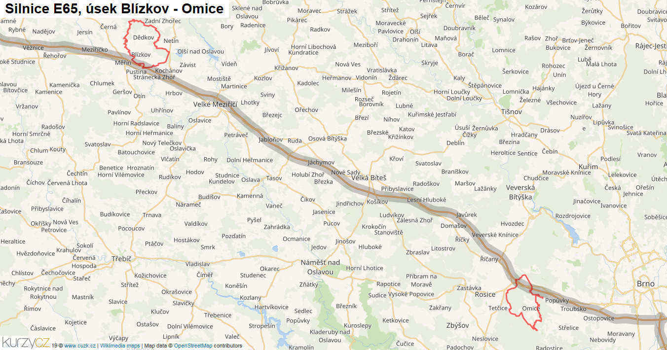 Úsek Blízkov - Omice, Silnice E65 - Mapa