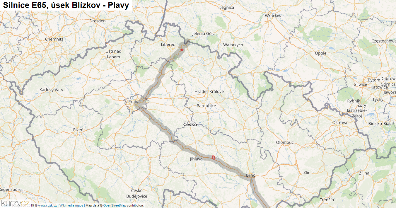 Úsek Blízkov - Plavy, Silnice E65 - Mapa