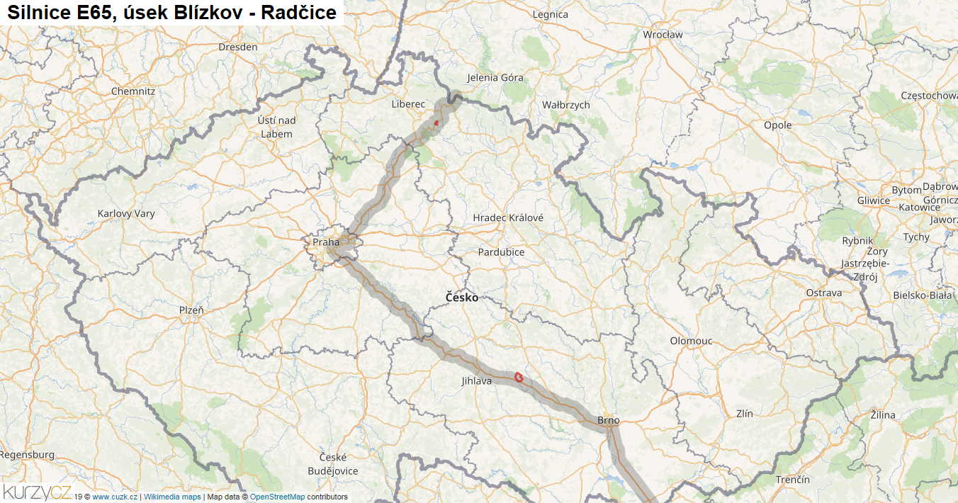 Úsek Blízkov - Radčice, Silnice E65 - Mapa