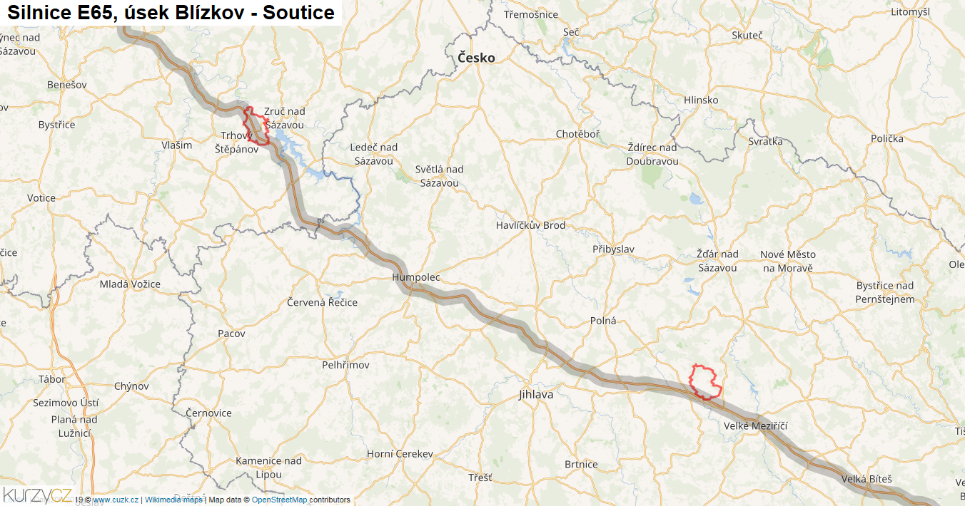 Úsek Blízkov - Soutice, Silnice E65 - Mapa