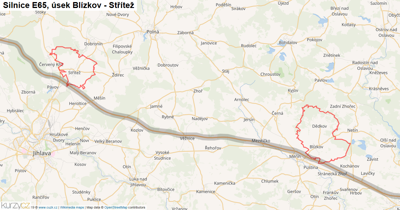 Úsek Blízkov - Střítež, Silnice E65 - Mapa