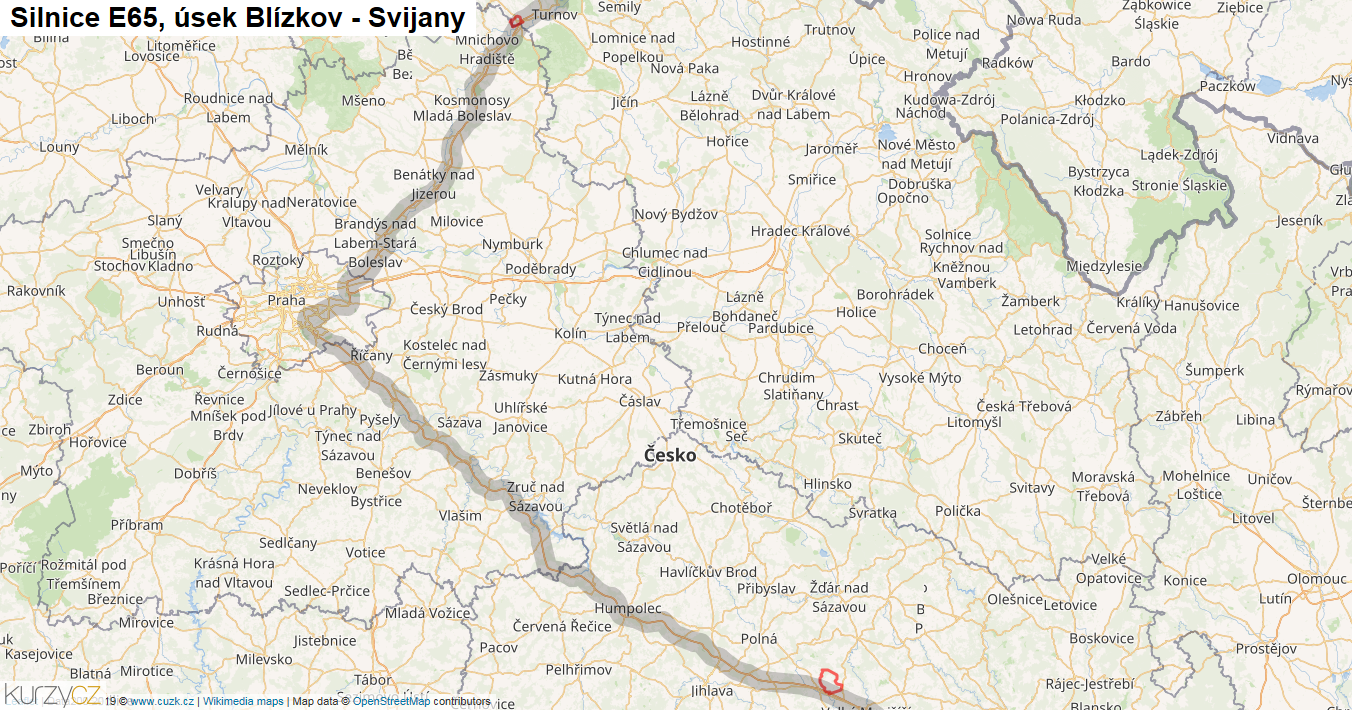 Úsek Blízkov - Svijany, Silnice E65 - Mapa
