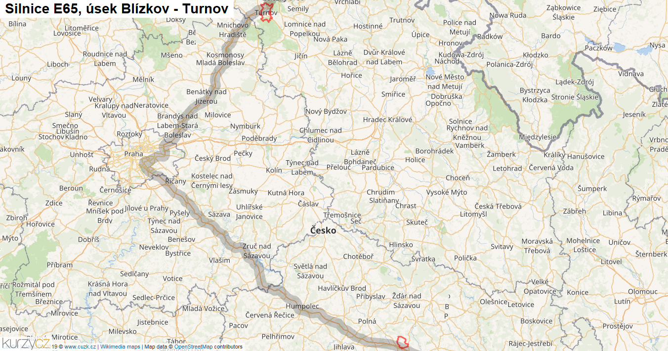 Úsek Blízkov - Turnov, Silnice E65 - Mapa