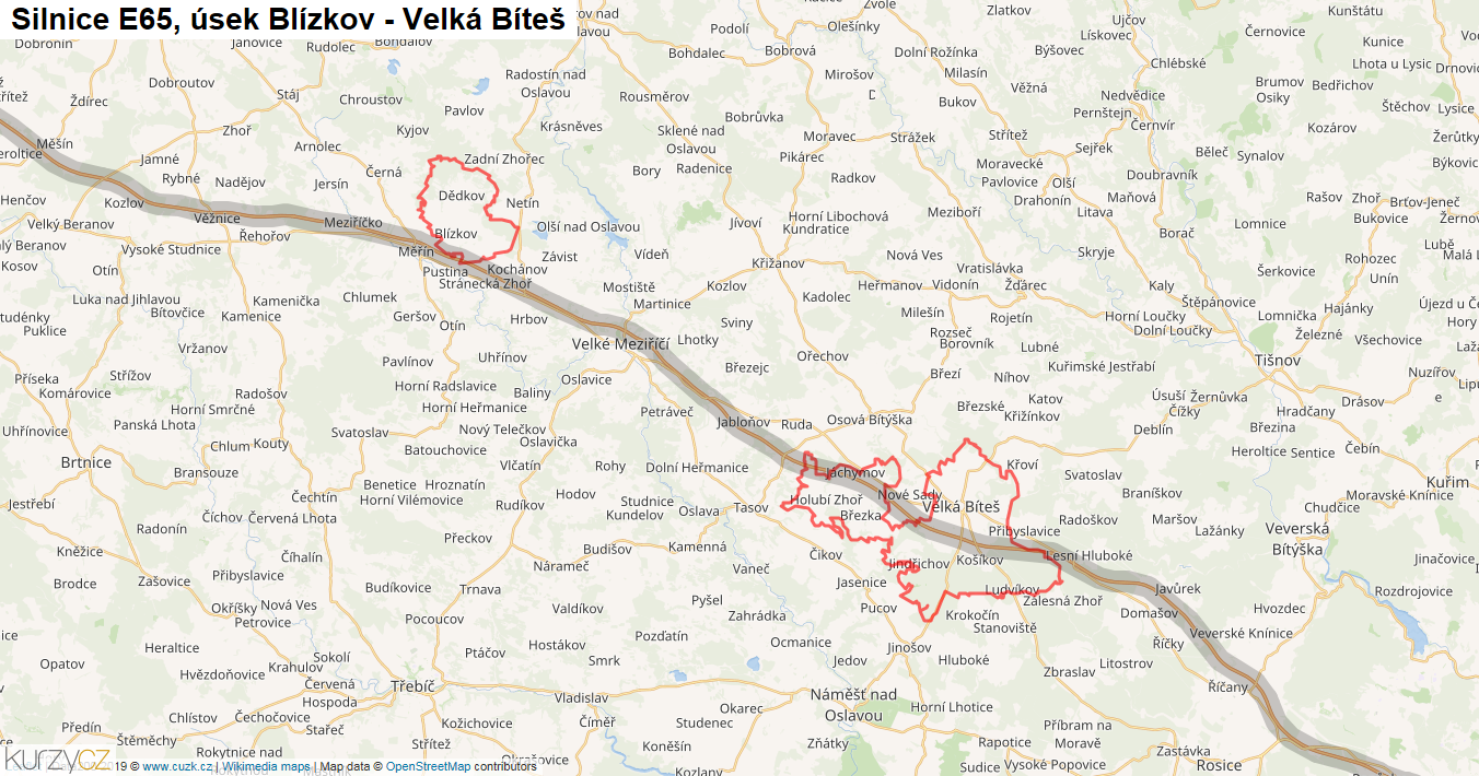 Úsek Blízkov - Velká Bíteš, Silnice E65 - Mapa