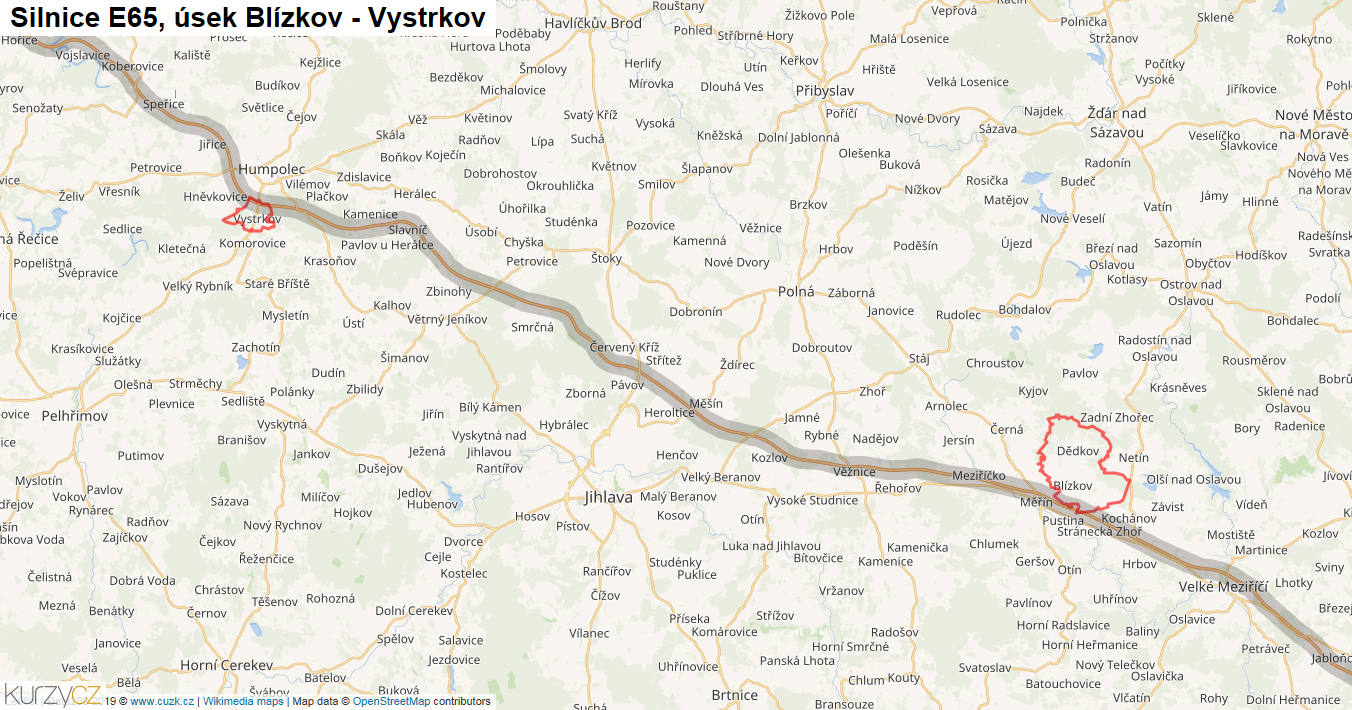 Úsek Blízkov - Vystrkov, Silnice E65 - Mapa