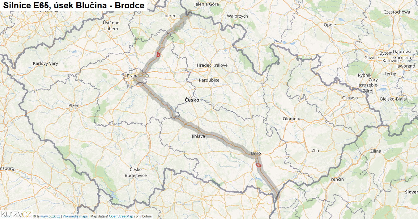 Úsek Blučina - Brodce, Silnice E65 - Mapa