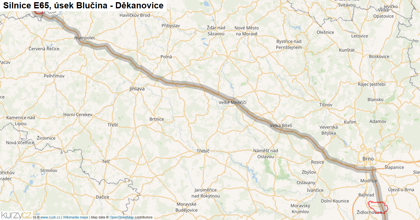 Úsek Blučina - Děkanovice, Silnice E65 - Mapa