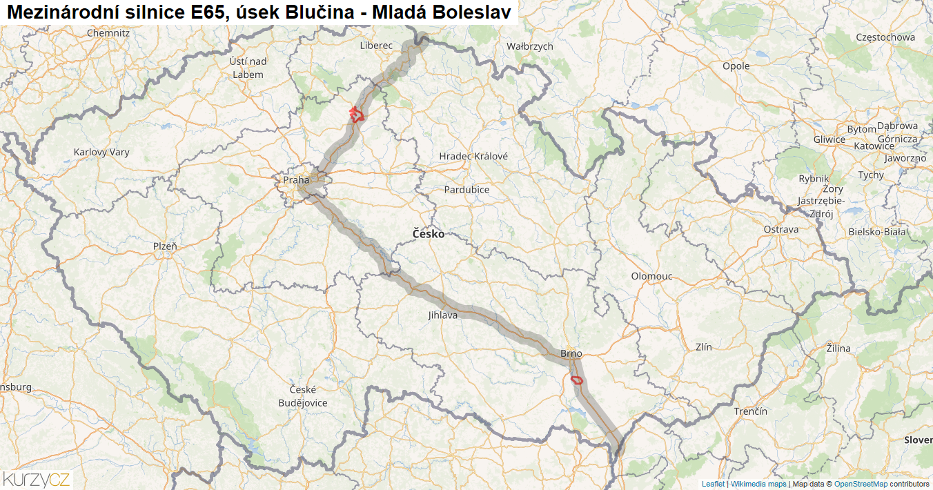 Úsek Blučina - Mladá Boleslav, Silnice E65 - Mapa