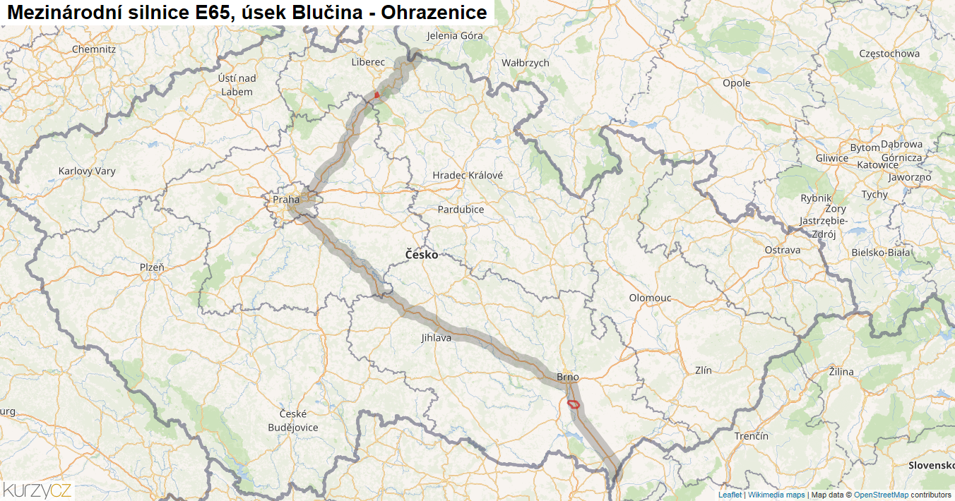 Úsek Blučina - Ohrazenice, Silnice E65 - Mapa