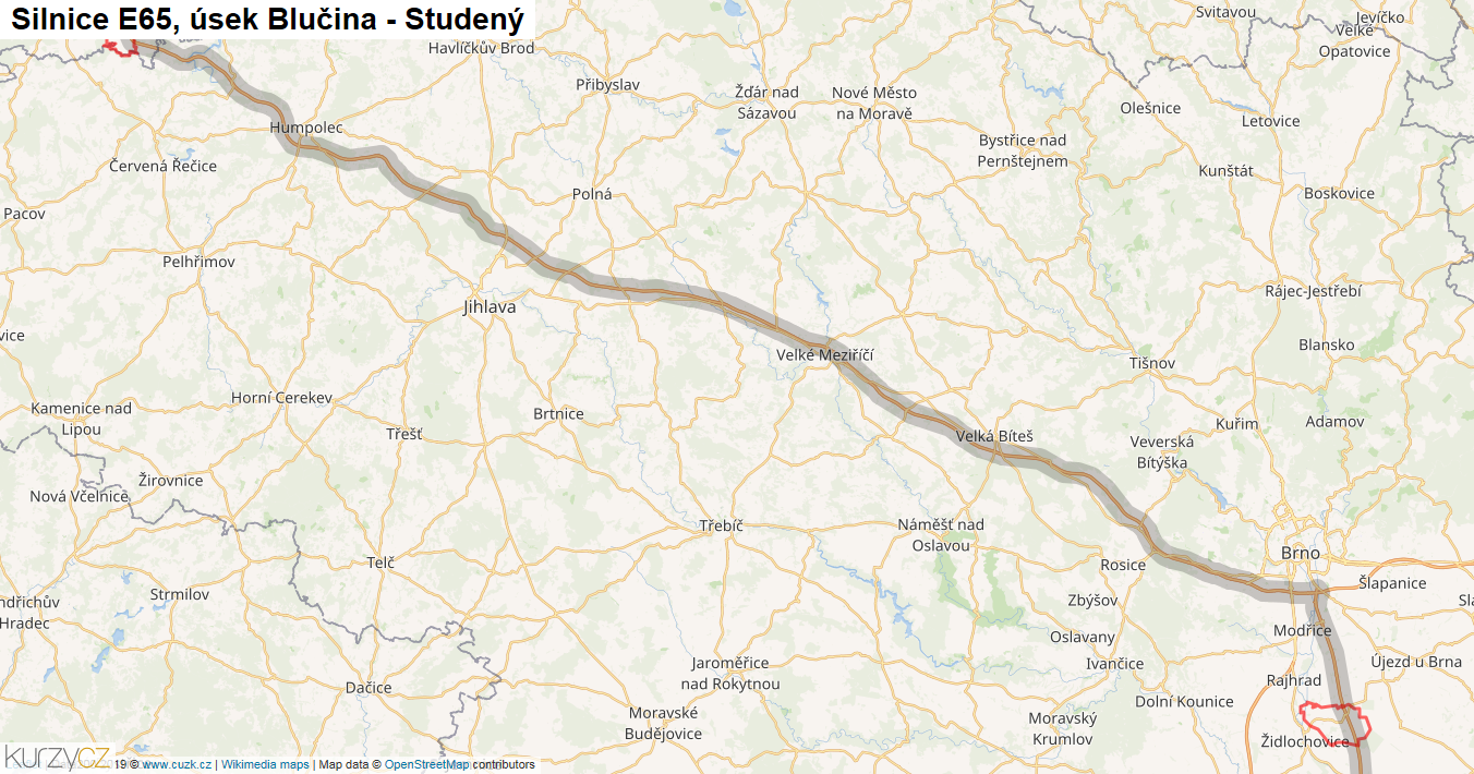 Úsek Blučina - Studený, Silnice E65 - Mapa