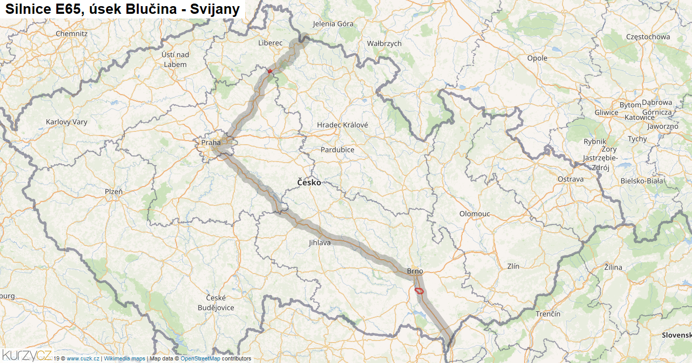 Úsek Blučina - Svijany, Silnice E65 - Mapa