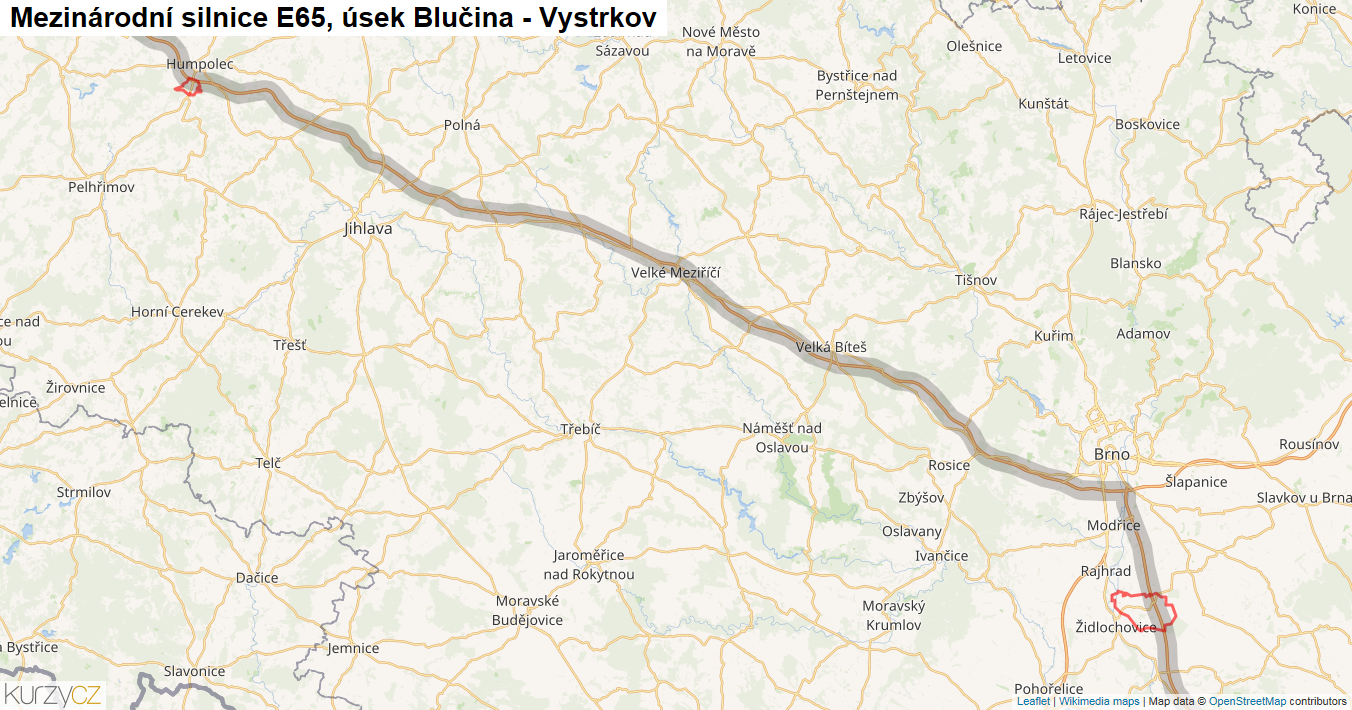 Úsek Blučina - Vystrkov, Silnice E65 - Mapa