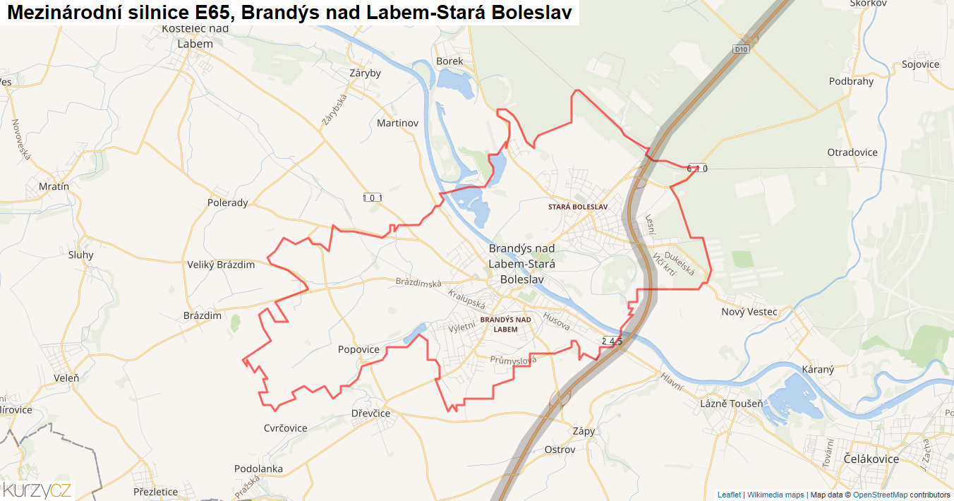 Brandýs nad Labem-Stará Boleslav, Silnice E65 - Mapa