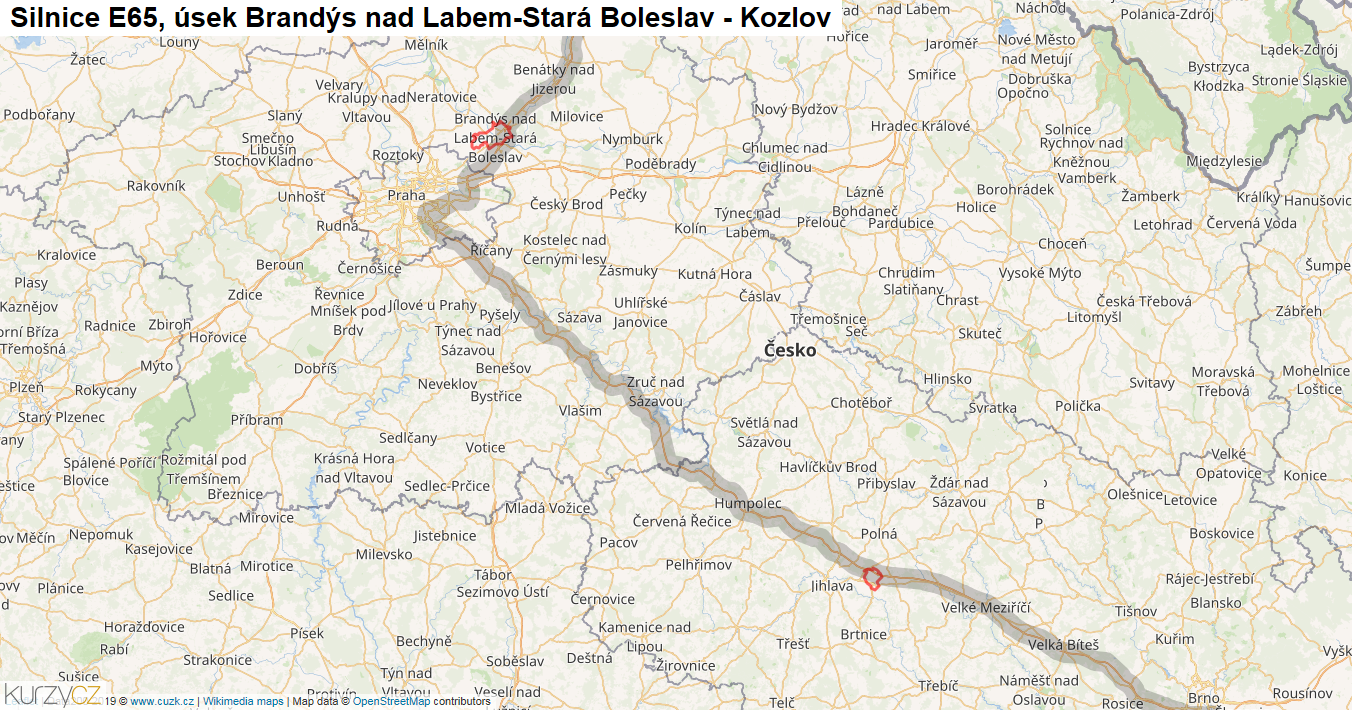 Úsek Brandýs nad Labem-Stará Boleslav - Kozlov, Silnice E65 - Mapa