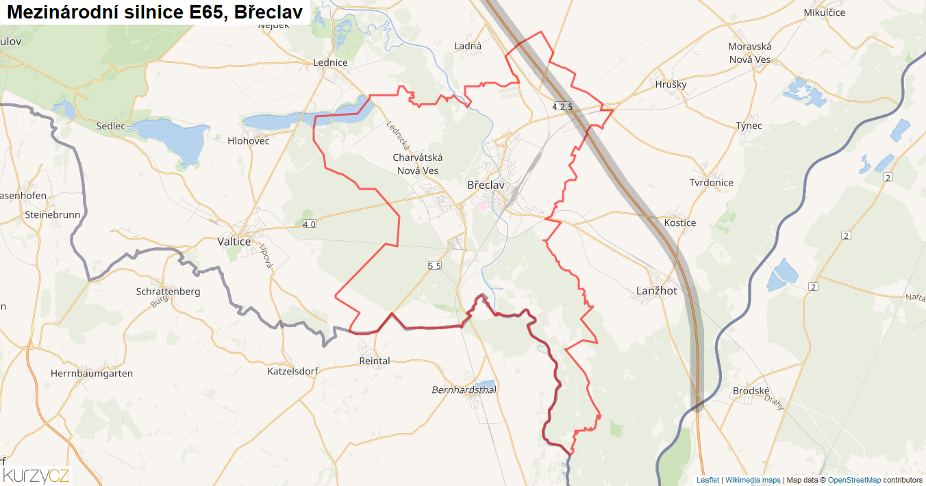 Břeclav, Silnice E65 - Mapa
