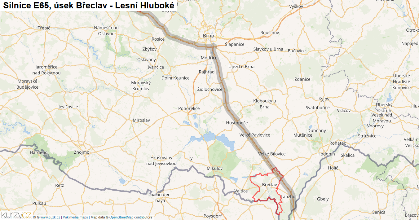 Úsek Břeclav - Lesní Hluboké, Silnice E65 - Mapa