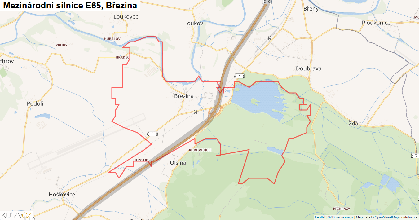 Březina, Silnice E65 - Mapa