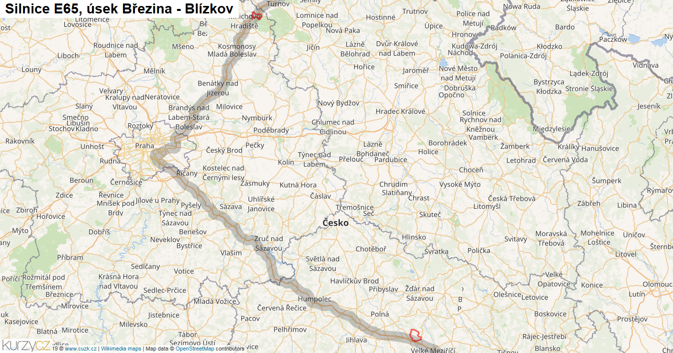 Úsek Březina - Blízkov, Silnice E65 - Mapa
