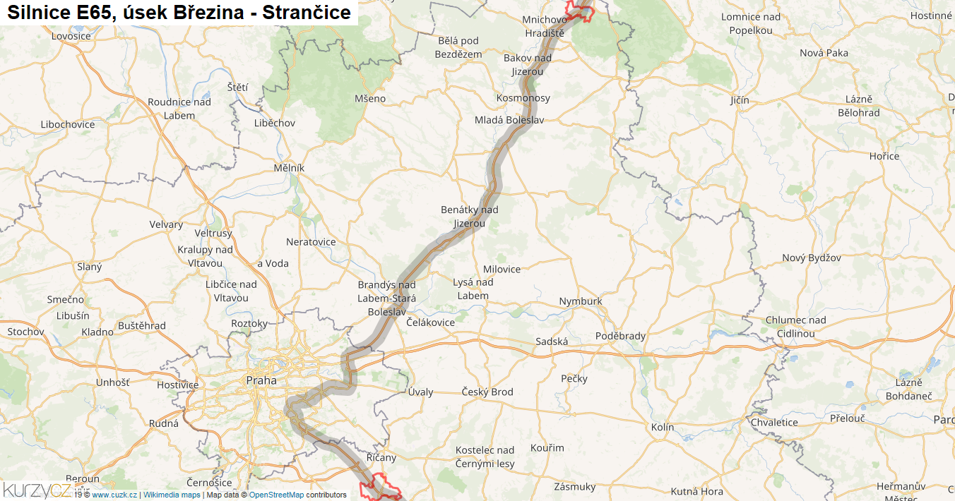 Úsek Březina - Strančice, Silnice E65 - Mapa