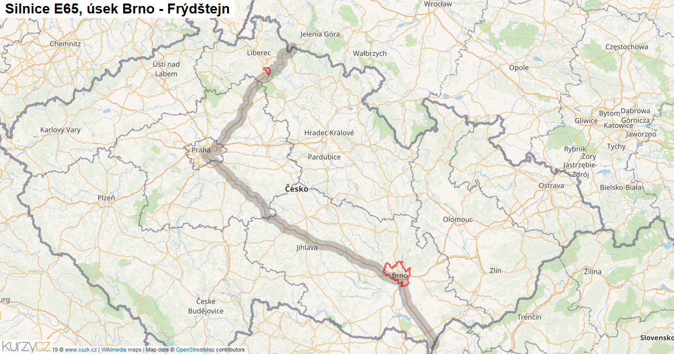Úsek Brno - Frýdštejn, Silnice E65 - Mapa