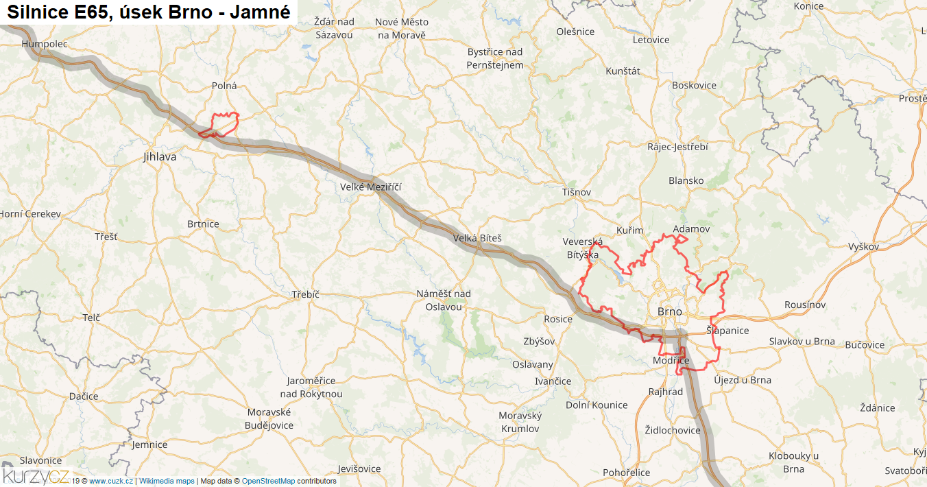 Úsek Brno - Jamné, Silnice E65 - Mapa