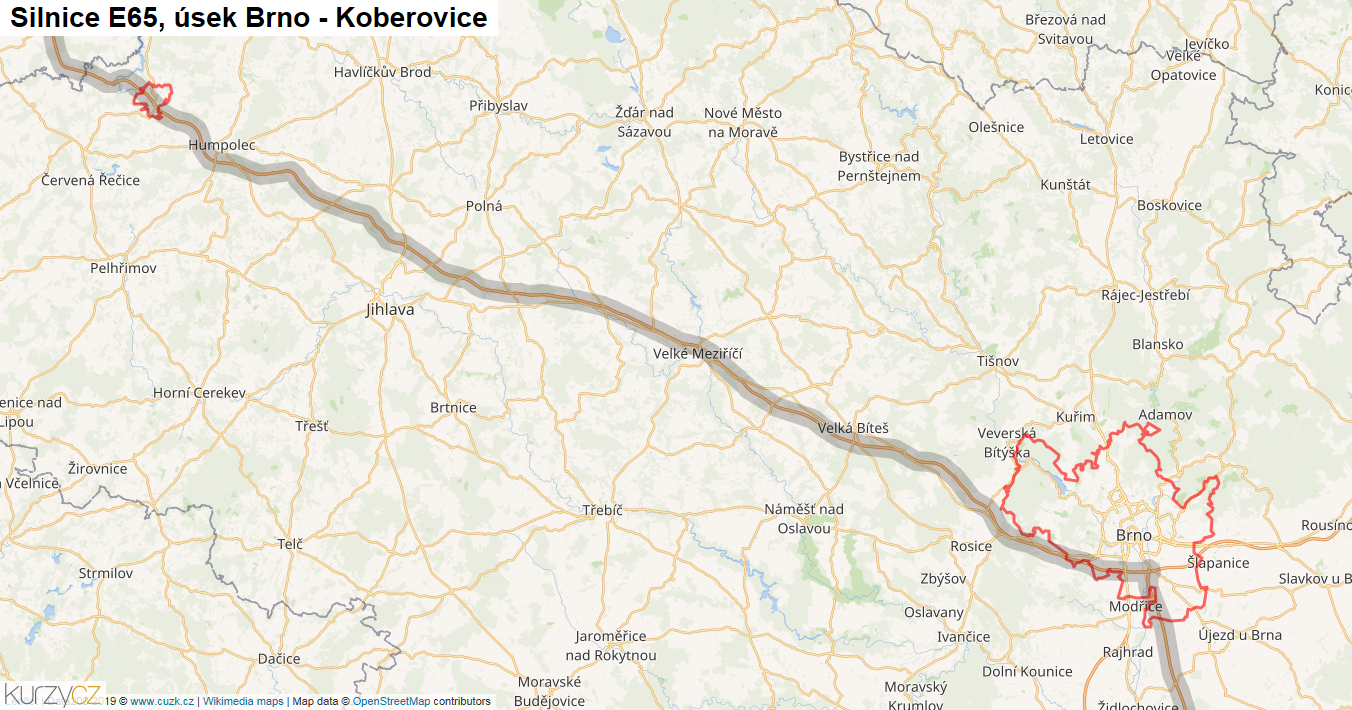 Úsek Brno - Koberovice, Silnice E65 - Mapa