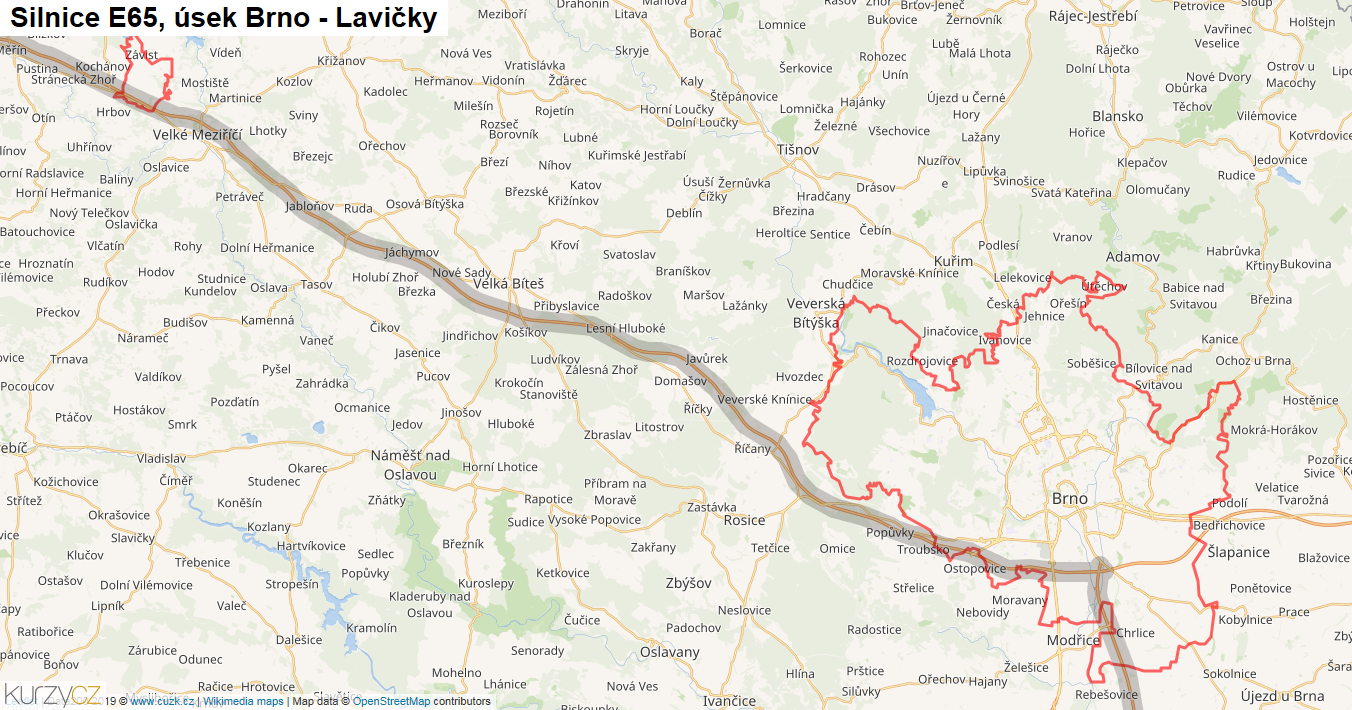 Úsek Brno - Lavičky, Silnice E65 - Mapa