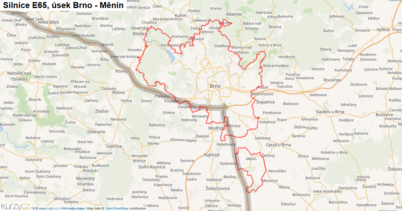 Úsek Brno - Měnín, Silnice E65 - Mapa