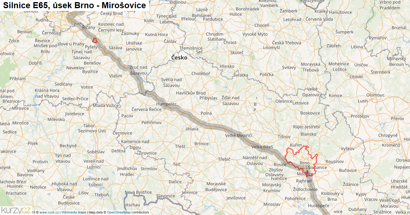 Úsek Brno - Mirošovice, Silnice E65 - Mapa