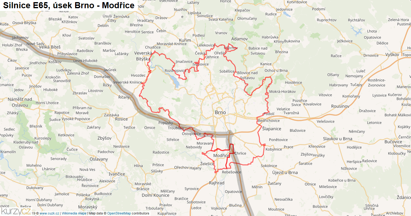 Úsek Brno - Modřice, Silnice E65 - Mapa